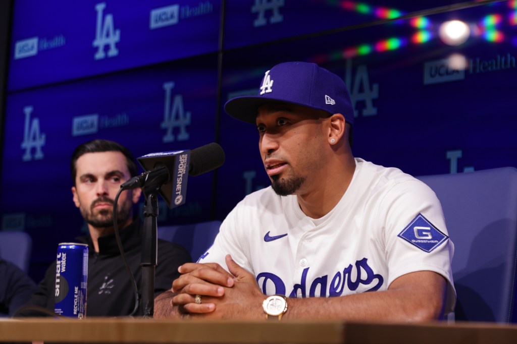 Edwin Díaz speaks during his introduction as a new member of the Los Angeles Dodgers.