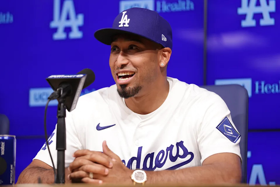 Edwin Díaz speaks during his introduction as a new member of the Los Angeles Dodgers baseball team Friday, Dec. 12, 2025, in Los Angeles. (AP Photo/Ethan Swope)