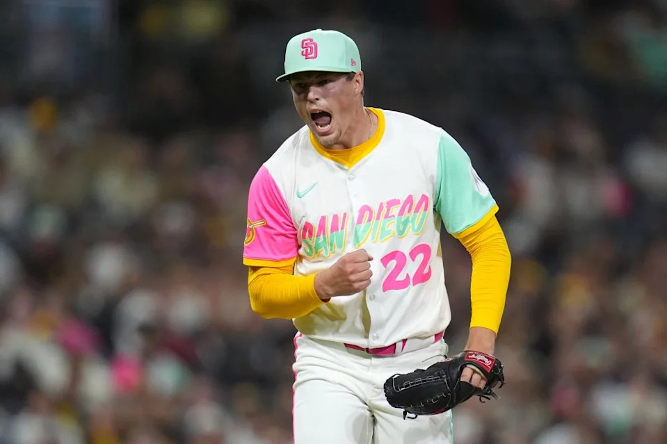 San Diego Padres relief pitcher Mason Miller celebrates after getting the third out during the eighth inning of a baseball game against the Arizona Diamondbacks Friday, Sept. 26, 2025, in San Diego. AP