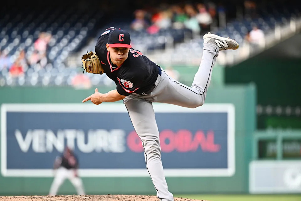 May 6, 2025; Washington, District of Columbia, USA; Cleveland Guardians relief pitcher Joey Cantillo (54) delivers a pitch during the eighth inning against the Cleveland Guardians at Nationals Park. Mandatory Credit: James A. Pittman-Imagn Images