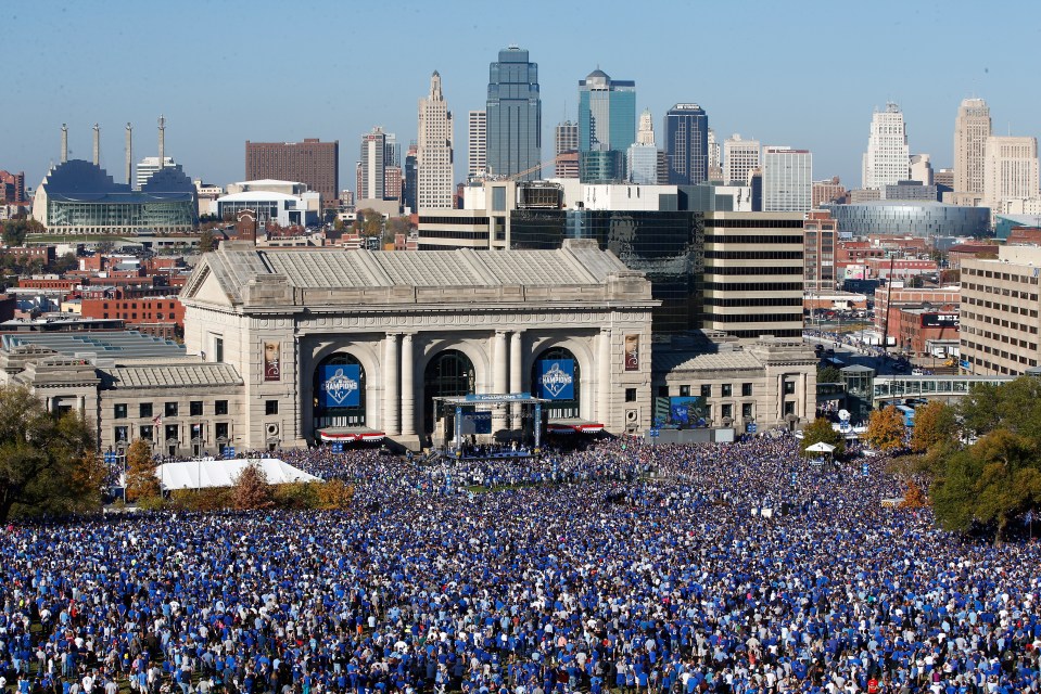 A general view of crowds gathered in front of Union Station as the Kansas City Royals players hold a rally and celebration following a parade in honor of their World Series win on November 3, 2015