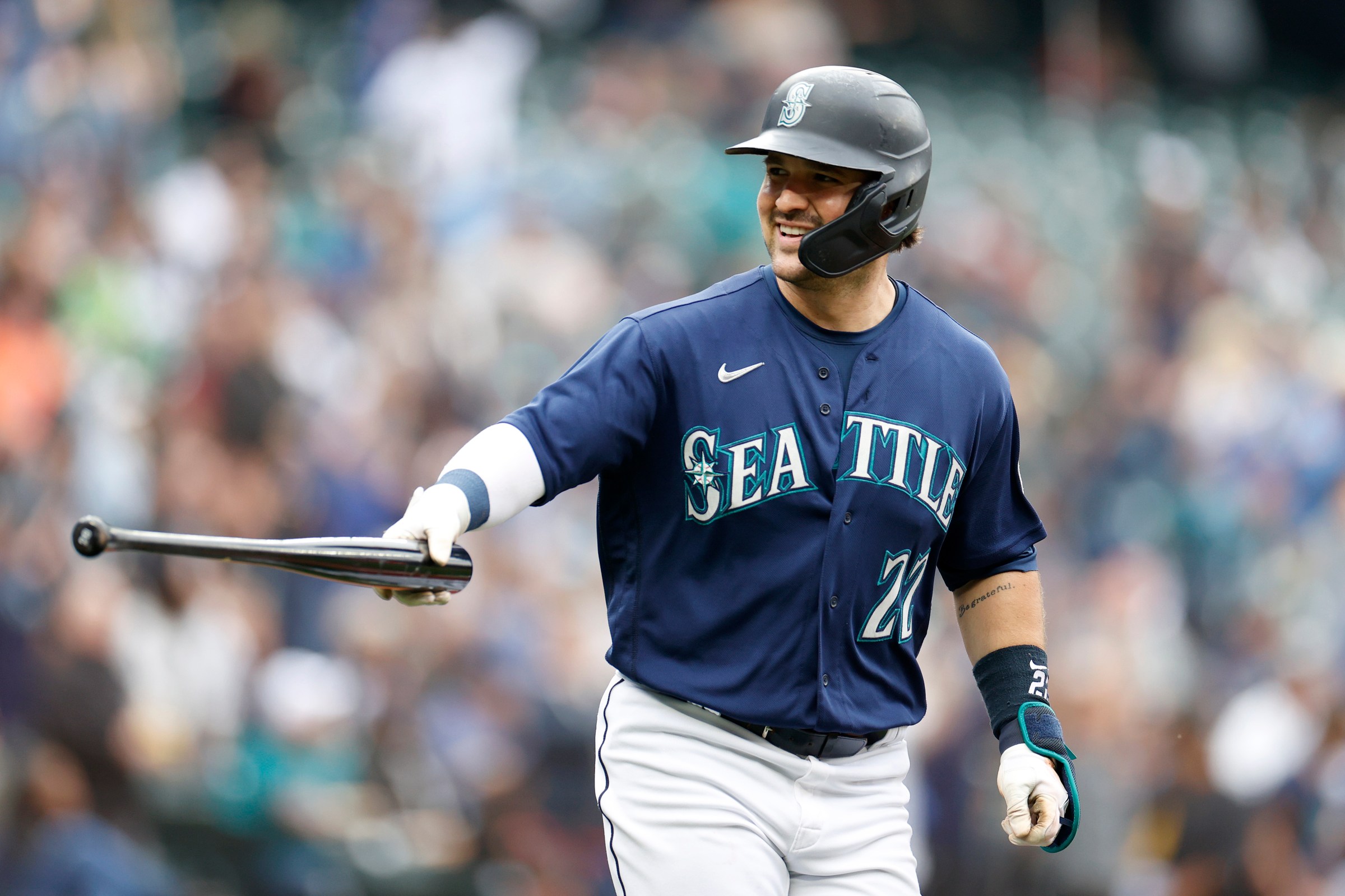 SEATTLE, WASHINGTON - OCTOBER 05: Luis Torrens #22 of the Seattle Mariners celebrates his two-run home run against the Detroit Tigers during the sixth inning at T-Mobile Park on October 05, 2022 in Seattle, Washington. (Photo by Steph Chambers/Getty Images)