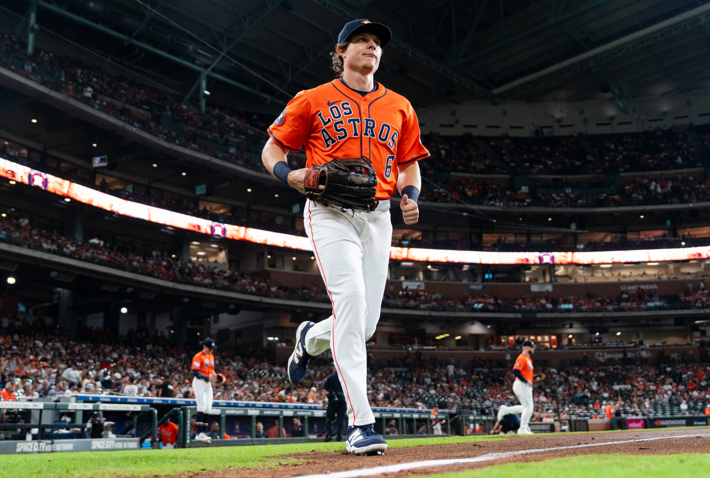 HOUSTON, TEXAS - SEPTEMBER 19: Jake Meyers #6 of the Houston Astros takes the field before a game against the Seattle Mariners at Daikin Park on September 19, 2025 in Houston, Texas. (Photo by Houston Astros/Getty Images)
