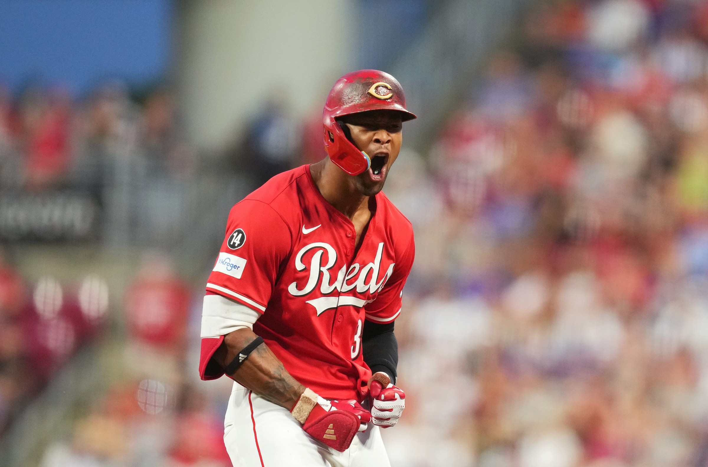 CINCINNATI, OHIO - SEPTEMBER 20: Will Benson #30 of the Cincinnati Reds reacts after hitting an RBI single during the third inning of a baseball game against the Chicago Cubs at Great American Ball Park on September 20, 2025 in Cincinnati, Ohio. (Photo by Jeff Dean/Getty Images)
