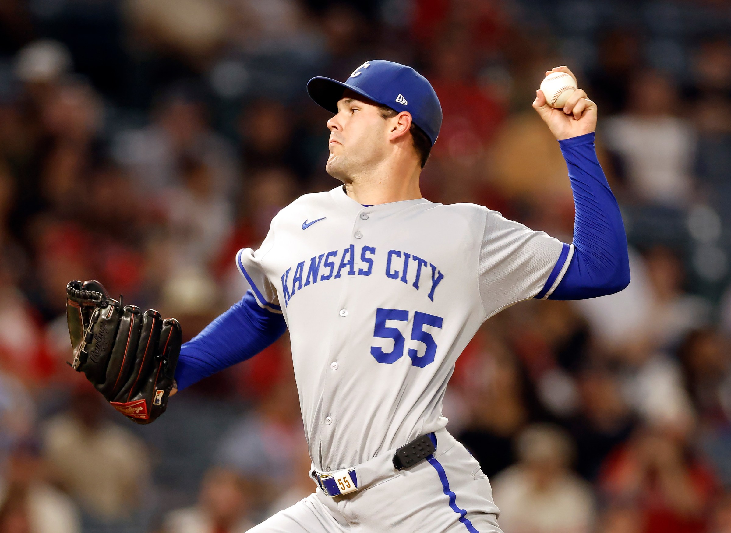 ANAHEIM, CALIFORNIA - SEPTEMBER 23: Cole Ragans #55 of the Kansas City Royals throws against the Los Angeles Angels in the first inning at Angel Stadium of Anaheim on September 23, 2025 in Anaheim, California. (Photo by Ronald Martinez/Getty Images)