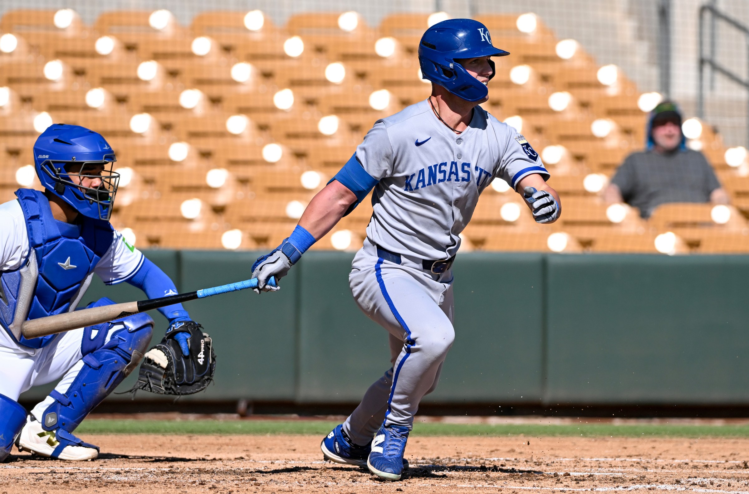 GLENDALE, AZ - NOVEMBER 02: Carson Roccaforte #1 of the Glendale Desert Dogs bats during the game between the Surprise Saguaros and the Glendale Desert Dogs at Camelback Ranch - Glendale on Sunday, November 2, 2025 in Glendale, Arizona. (Photo by Norm Hall/MLB Photos via Getty Images)