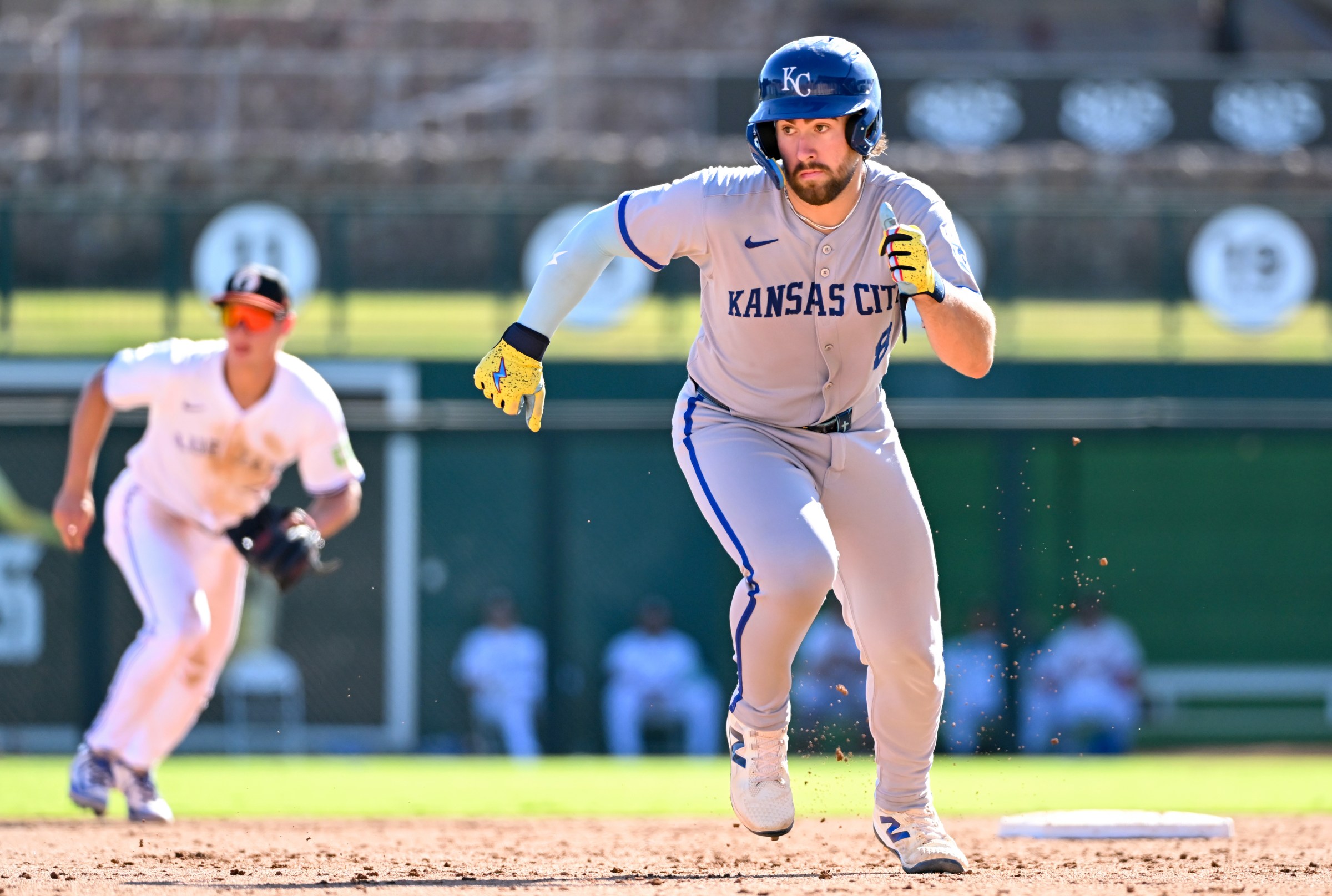 GLENDALE, AZ - NOVEMBER 02: Blake Mitchell #8 of the Surprise Saguaros runs to third base during the game between the Surprise Saguaros and the Glendale Desert Dogs at Camelback Ranch - Glendale on Sunday, November 2, 2025 in Glendale, Arizona. (Photo by Norm Hall/MLB Photos via Getty Images)