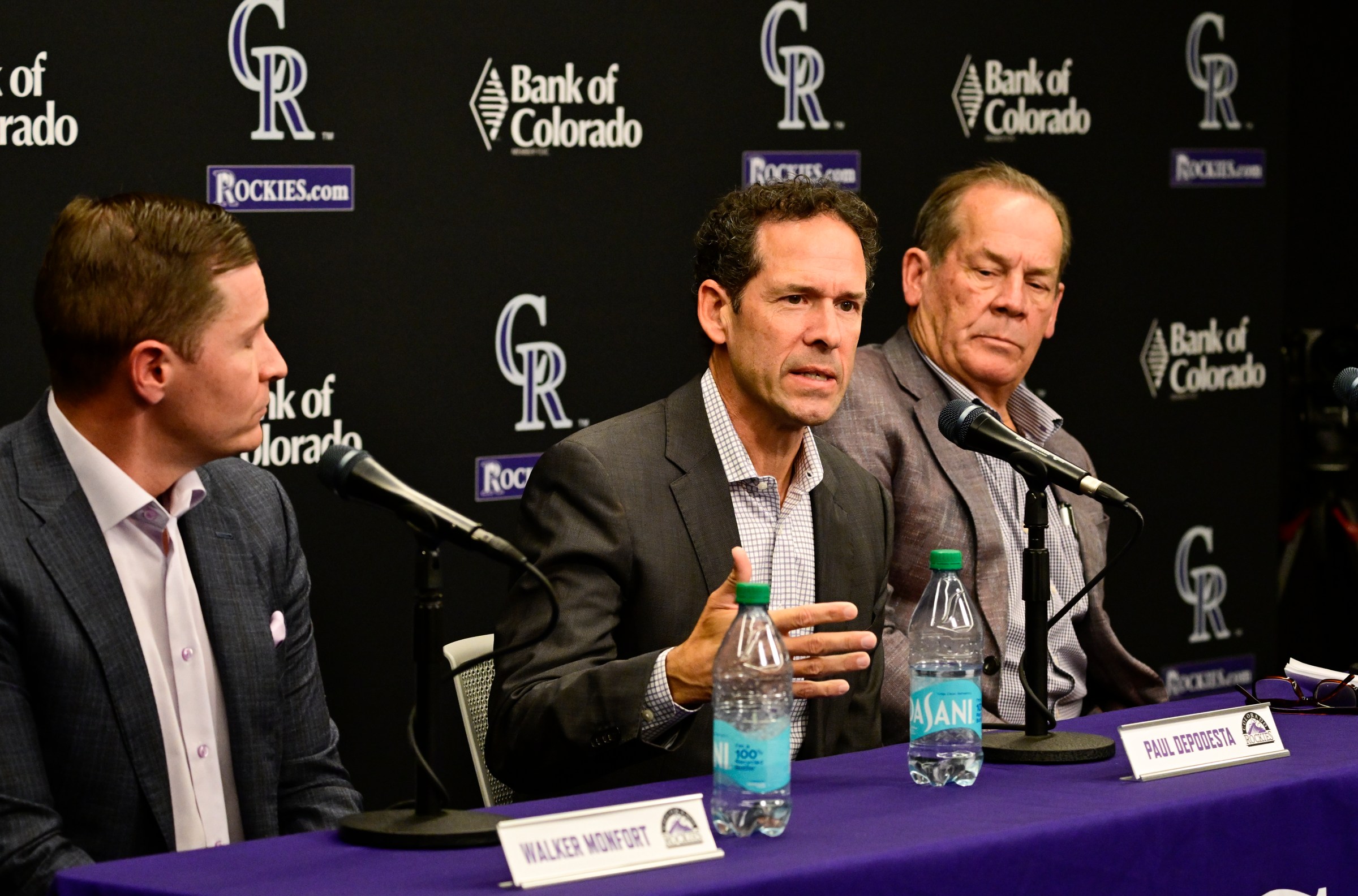 DENVER, CO - NOVEMBER 13: From left, Colorado Rockies Executive Vice President Walker Monfort, new President of Baseball Operations Paul DePodesta and owner Dick Monfort during Depodesta’s introductory press conference at Coors Field in Denver, Colorado on Thursday, November 13, 2025. (Photo by Andy Cross/MediaNews Group/The Denver Post via Getty Images)