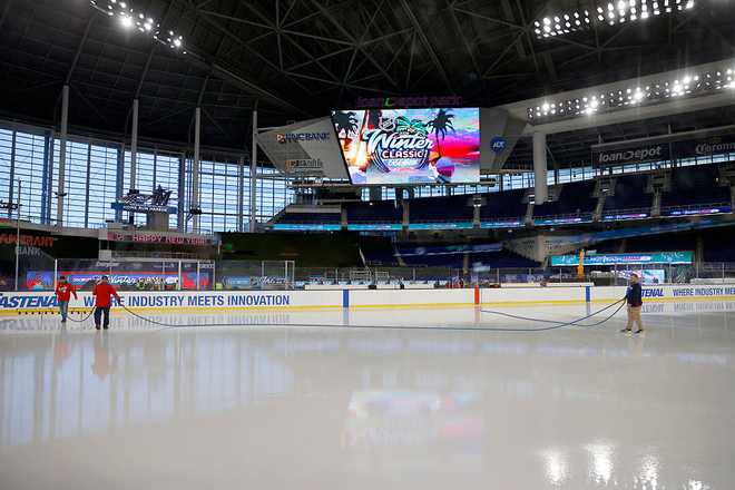 MIAMI, FLORIDA - DECEMBER 28:  Preparations continue for the 2028 Discover NHL Winter Classic - Rink Build Out at LoanDepot Park on December 23, 2025 in Miami, Florida. (Photo by Eliot J. Schechter/NHLI via Getty Images)