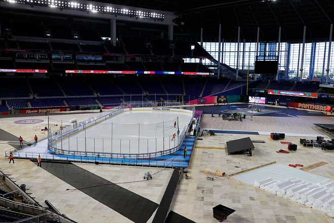 MIAMI, FLORIDA - DECEMBER 28:  Preparations continue for the 2028 Discover NHL Winter Classic - Rink Build Out at LoanDepot Park on December 23, 2025 in Miami, Florida. (Photo by Eliot J. Schechter/NHLI via Getty Images)