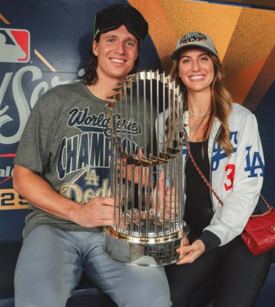 Tyler Glasnow with wife Meghan Murphy following the Dodgers' 2025 World Series win.
