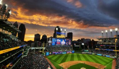 The sun sets at Progressive Field in Cleveland, Ohio. (Spectrum News 1/Lydia Taylor)