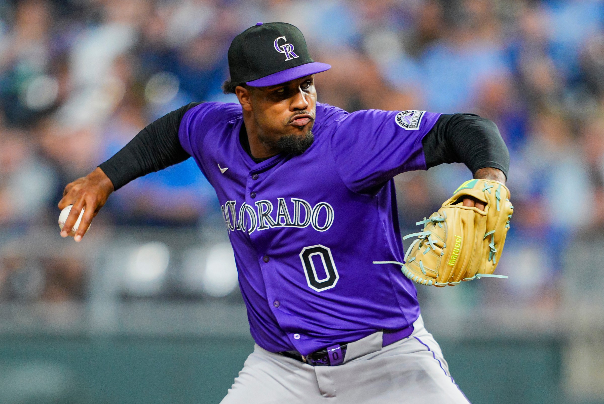 Apr 22, 2025; Kansas City, Missouri, USA; Colorado Rockies relief pitcher Jaden Hill (0) pitches against the Kansas City Royals at Kauffman Stadium. Mandatory Credit: Jay Biggerstaff-Imagn Images