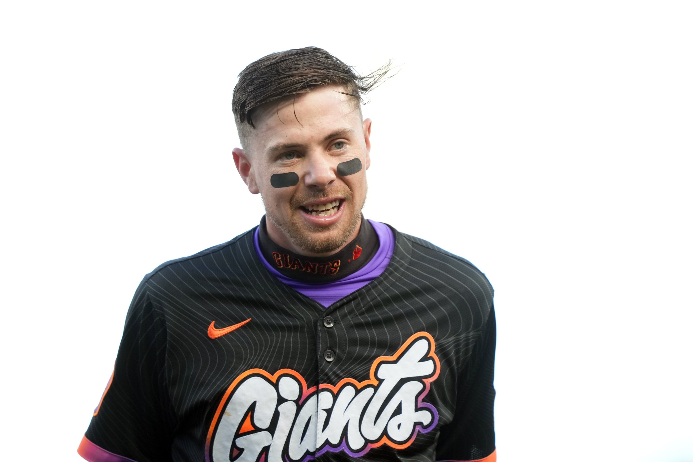 Aug 16, 2025; San Francisco, California, USA; San Francisco Giants third baseman Christian Koss (50) during the second inning against the Tampa Bay Rays at Oracle Park. Mandatory Credit: Darren Yamashita-Imagn Images