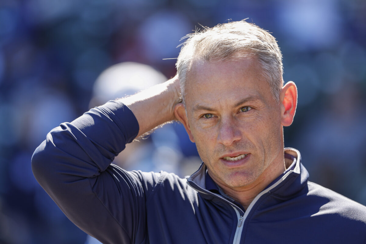 Oct 1, 2022; Chicago, Illinois, USA; Chicago Cubs President of baseball operations Jed Hoyer looks on before a baseball game between the Chicago Cubs and Cincinnati Reds at Wrigley Field.
