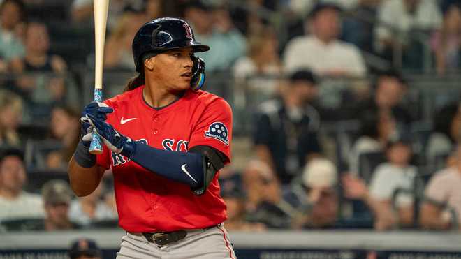 Jhostynxon Garcia of the Boston Red Sox stands in the batter box during his MLB Debut against the New York Yankees at Yankee Stadium in the fourth inning on August 22, 2025 in New York City.