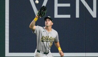 Athletics right fielder JJ Bleday (33) in action during a baseball game against the Washington Nationals, Wednesday, Aug. 6, 2025, in Washington.