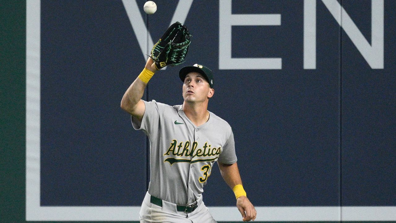 Athletics right fielder JJ Bleday (33) in action during a baseball game against the Washington Nationals, Wednesday, Aug. 6, 2025, in Washington.