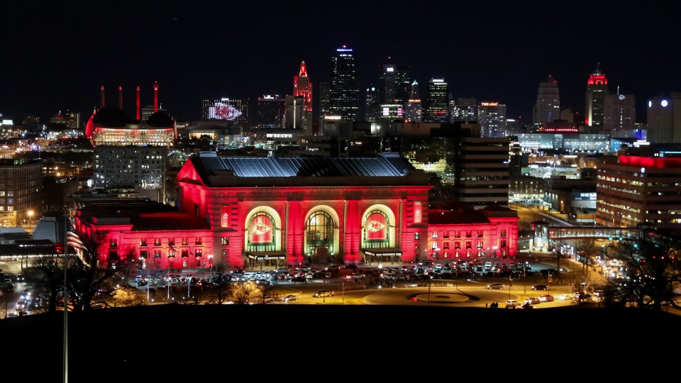 The Kansas City skyline and Union Station are lit up in red the night before the Super Bowl in support of the Kansas City Chiefs on February 1, 2020