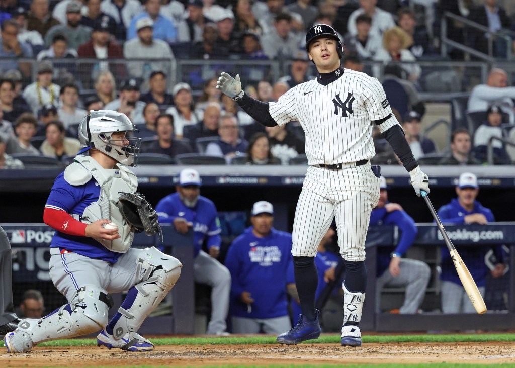 New York Yankees shortstop Anthony Volpe #11 reacts after striking out looking during the second inning.