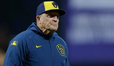 Apr 21, 2025; San Francisco, California, USA; Milwaukee Brewers manager Pat Murphy (49) walks back to the dugout after removing starting pitcher Quinn Priester (46) from the game during the fifth inning against the San Francisco Giants at Oracle Park. Mandatory Credit: Sergio Estrada-Imagn Images