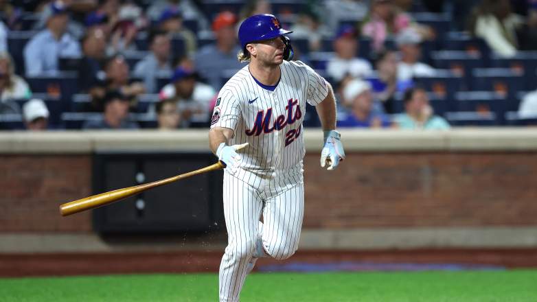 First baseman Pete Alonso bats for the New York Mets at Citi Field.