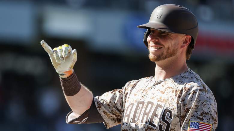 San Diego Padres first baseman Ryan O'Hearn celebrates after reaching base against the Arizona Diamondbacks at Petco Park.