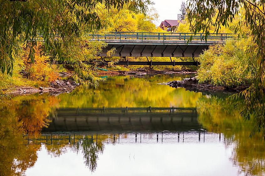Serene river and fall scenery in Whitefish, Montana.