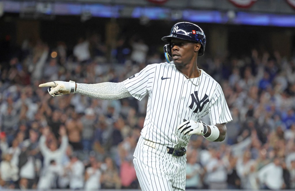 10/7/25 - ALDS Game 3 - Toronto Blue Jays vs. New York Yankees at Yankee Stadium - New York Yankees second baseman Jazz Chisholm Jr. #13 reacts as he rounds the bases on his solo homer to give the Yankees the lead in the 5th inning.