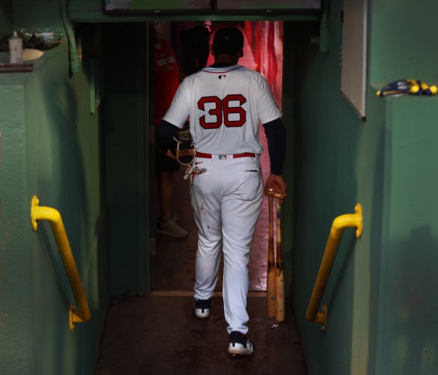 Boston, MA - Boston Red Sox's Triston Casas leaves the dugout after the last game of the season at Fenway Park. (Nancy Lane/Boston Herald)