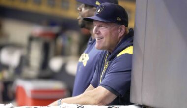 Sep 3, 2025; Milwaukee, Wisconsin, USA; Milwaukee Brewers manager Pat Murphy is shown during the first inning of their game against the Philadelphia Phillies at American Family Field. Mandatory Credit: Mark Hoffman-USA TODAY Network via Imagn Images
