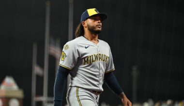 Apr 23, 2025; San Francisco, California, USA; Milwaukee Brewers starting pitcher Freddy Peralta (51) walks off the field after a pitcher change against the San Francisco Giants in the sixth inning at Oracle Park. Mandatory Credit: Eakin Howard-Imagn Images