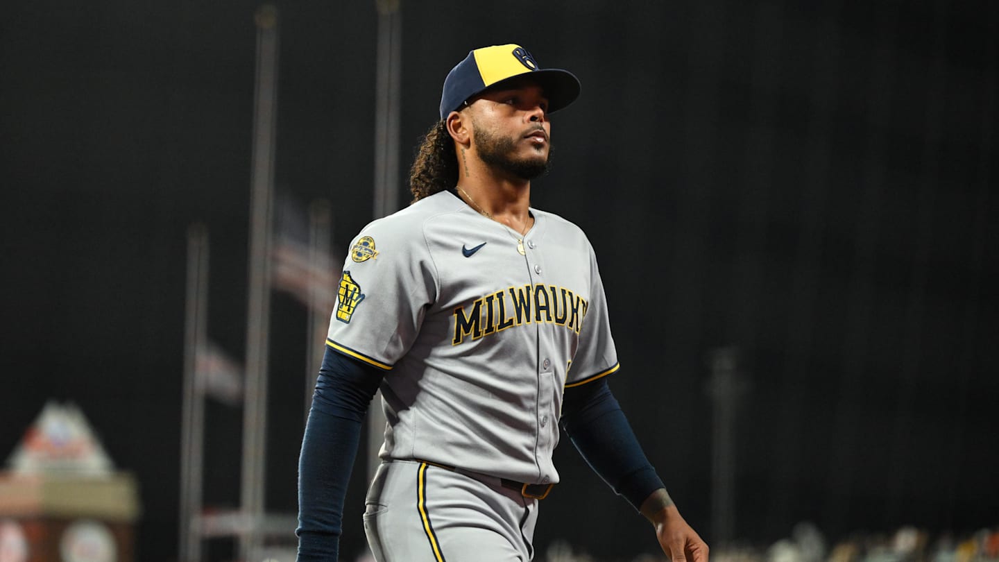 Apr 23, 2025; San Francisco, California, USA; Milwaukee Brewers starting pitcher Freddy Peralta (51) walks off the field after a pitcher change against the San Francisco Giants in the sixth inning at Oracle Park. Mandatory Credit: Eakin Howard-Imagn Images