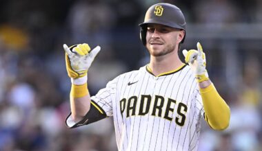 Sep 27, 2025; San Diego, California, USA; San Diego Padres first baseman Ryan O'Hearn (32) gestures after hitting a double during the second inning against the Arizona Diamondbacks at Petco Park. Mandatory Credit: Denis Poroy-Imagn Images