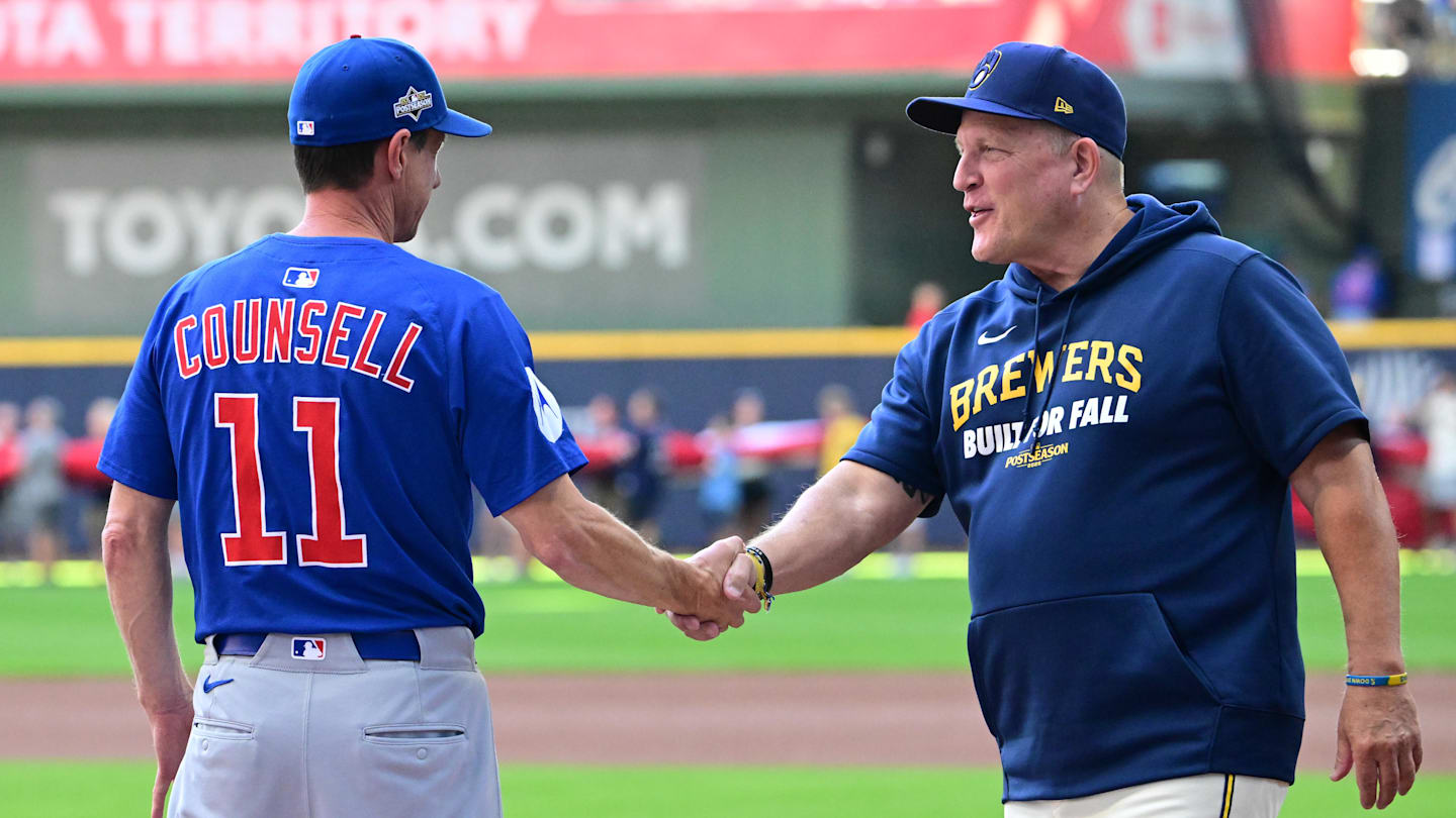 Oct 4, 2025; Milwaukee, Wisconsin, USA; Chicago Cubs manager Craig Counsell (11) shakes hands with Milwaukee Brewers manager Pat Murphy (49) before game one of the NLDS round for the 2025 MLB playoffs between the Chicago Cubs and Milwaukee Brewers at American Family Field. Mandatory Credit: Benny Sieu-Imagn Images