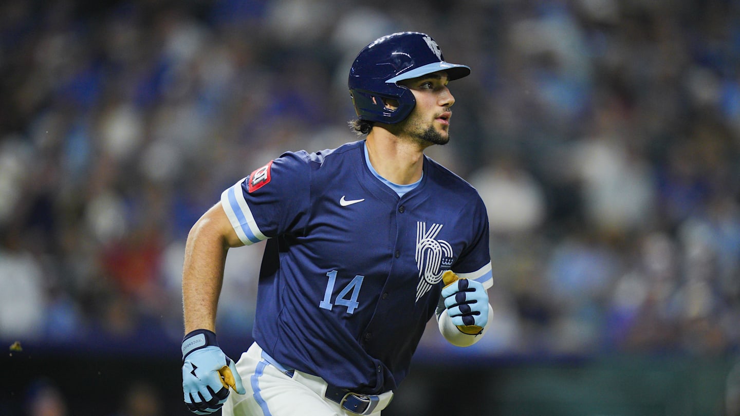 Sep 19, 2025; Kansas City, Missouri, USA; Kansas City Royals right fielder Jac Caglianone (14) rounds the bases after hitting a home run during the seventh inning against the Toronto Blue Jays at Kauffman Stadium. Mandatory Credit: Jay Biggerstaff-Imagn Images