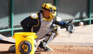 Feb 14, 2025; Phoenix, AZ, USA; Milwaukee Brewers catcher William Contreras (24) works out in the bullpen during spring training camp. Mandatory Credit: Rick Scuteri-Imagn Images