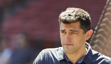 Aug 28, 2022; Boston, Massachusetts, USA; Chaim Bloom, Chief Baseball Officer of the Boston Red Sox on the field before the game between the Boston Red Sox and the Tampa Bay Rays at Fenway Park. Mandatory Credit: Winslow Townson-Imagn Images