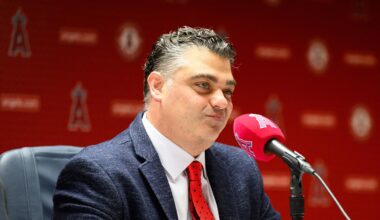 Oct 22, 2025; Los Angeles, CA, USA; Los Angeles Angels general manager Perry Minasian speaks during a press conference at Angel Stadium. Mandatory Credit: William Liang-Imagn Images