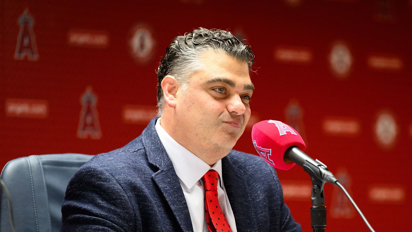 Oct 22, 2025; Los Angeles, CA, USA; Los Angeles Angels general manager Perry Minasian speaks during a press conference at Angel Stadium. Mandatory Credit: William Liang-Imagn Images