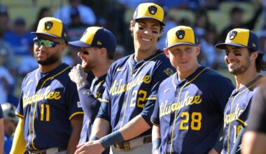 Oct 16, 2025; Los Angeles, California, USA; Milwaukee Brewers center fielder Jackson Chourio (11), second baseman Brice Turang (2), designated hitter Christian Yelich (22), first baseman Andrew Vaughn (28) and right fielder Sal Frelick (10) are introduced for game three of the NLCS during the 2025 MLB playoffs against the Los Angeles Dodgers at Dodger Stadium. Mandatory Credit: Jayne Kamin-Oncea-Imagn Images