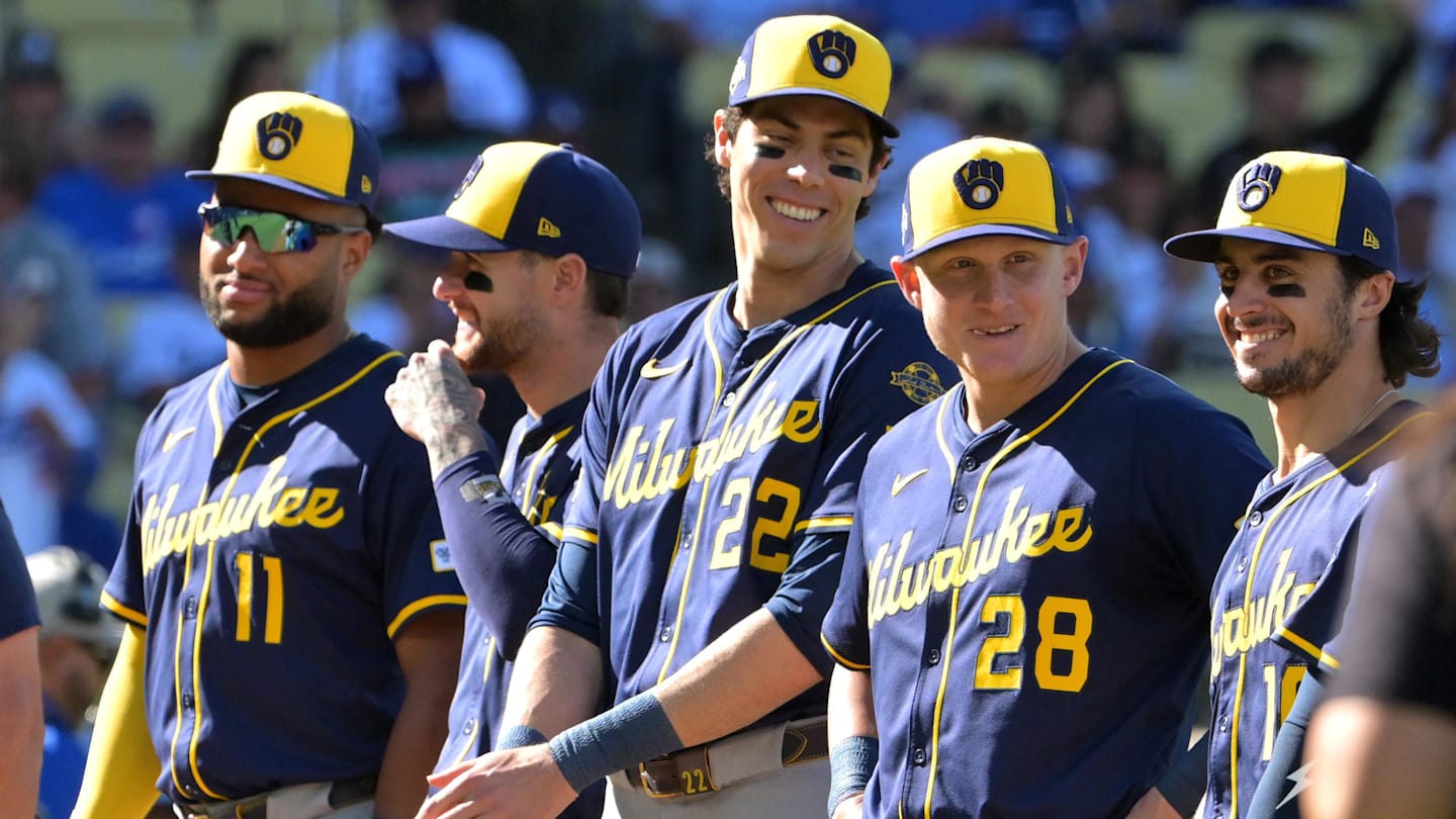 Oct 16, 2025; Los Angeles, California, USA; Milwaukee Brewers center fielder Jackson Chourio (11), second baseman Brice Turang (2), designated hitter Christian Yelich (22), first baseman Andrew Vaughn (28) and right fielder Sal Frelick (10) are introduced for game three of the NLCS during the 2025 MLB playoffs against the Los Angeles Dodgers at Dodger Stadium. Mandatory Credit: Jayne Kamin-Oncea-Imagn Images