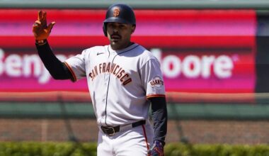 May 7, 2025; Chicago, Illinois, USA; San Francisco Giants first base LaMonte Wade Jr. (31) gestures after hittin a one run double against the Chicago Cubs during the fourth inning at Wrigley Field. Mandatory Credit: David Banks-Imagn Images