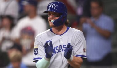 Jul 15, 2025; Cumberland, Georgia, USA; American League shortstop Bobby Witt Jr. (7) of the Kansas City Royals celebrates after scoring in the ninth inning during the 2025 MLB All Star Game at Truist Park. Mandatory Credit: Brett Davis-Imagn Images