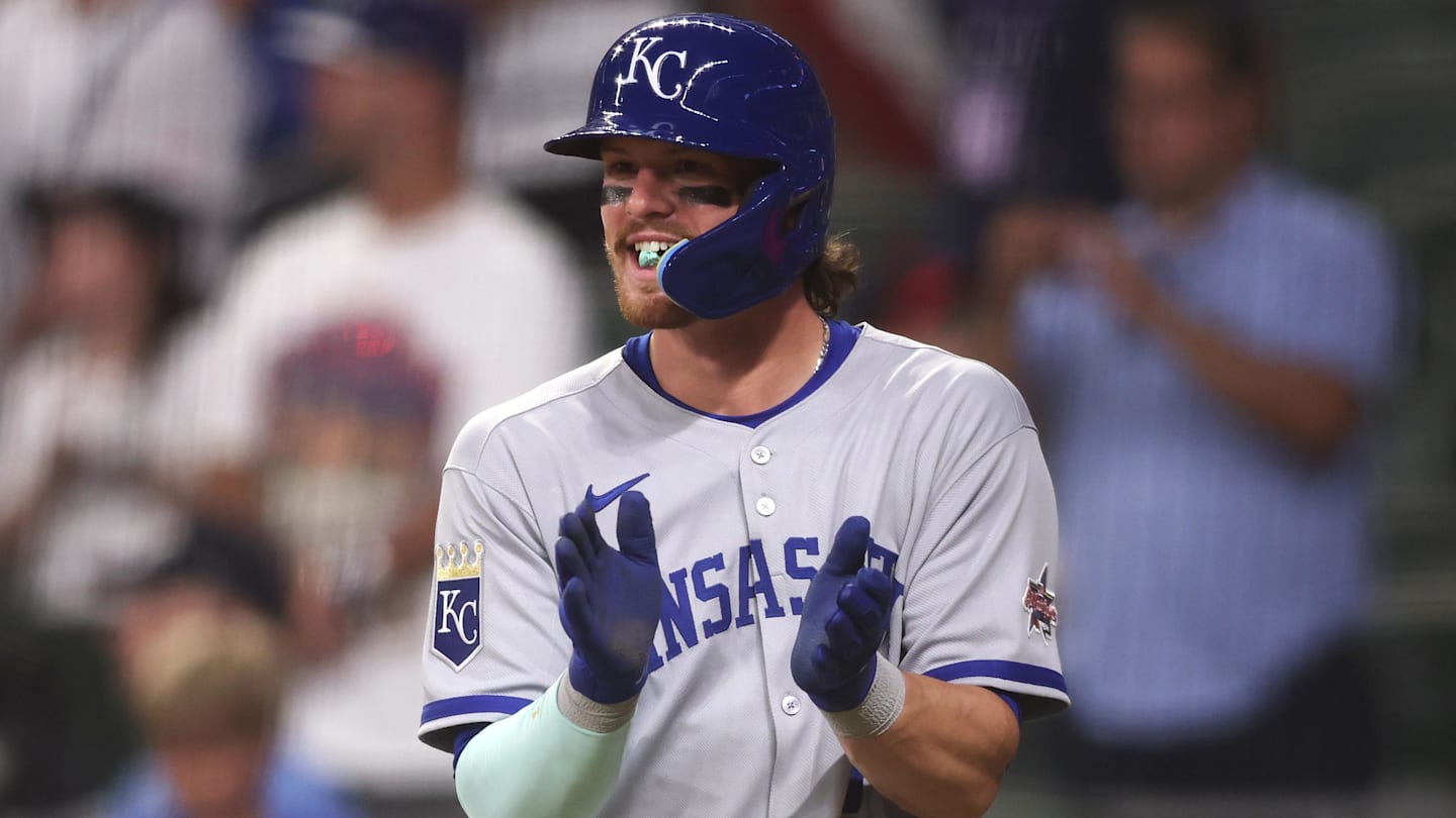 Jul 15, 2025; Cumberland, Georgia, USA; American League shortstop Bobby Witt Jr. (7) of the Kansas City Royals celebrates after scoring in the ninth inning during the 2025 MLB All Star Game at Truist Park. Mandatory Credit: Brett Davis-Imagn Images