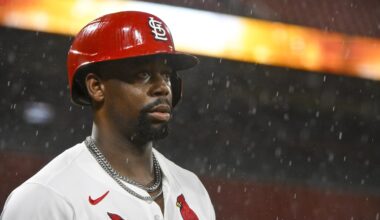 May 19, 2025; St. Louis, Missouri, USA;  St. Louis Cardinals right fielder Jordan Walker (18) looks on from the on deck circle as rain falls during the eighth inning against the Detroit Tigers at Busch Stadium. Mandatory Credit: Jeff Curry-Imagn Images
