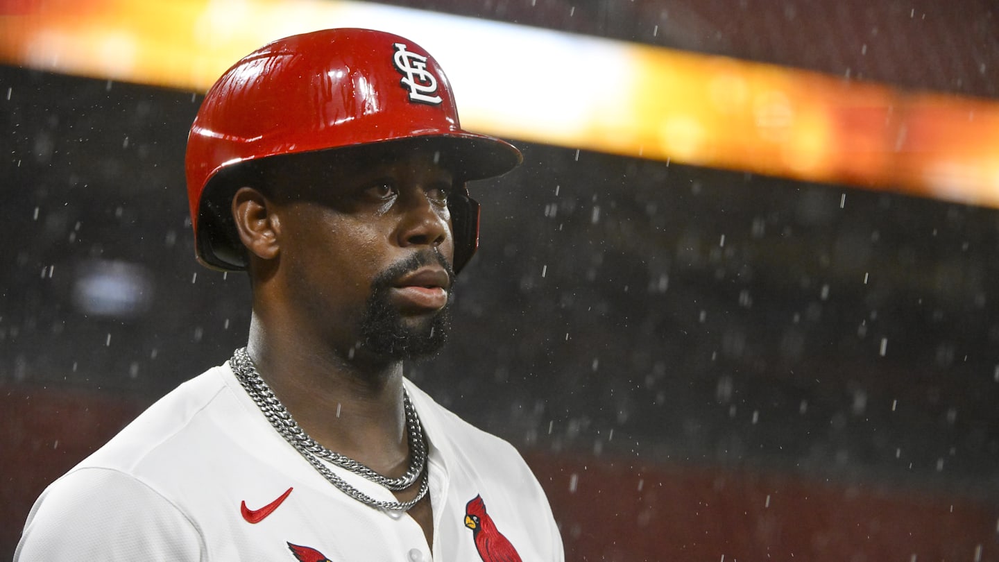 May 19, 2025; St. Louis, Missouri, USA;  St. Louis Cardinals right fielder Jordan Walker (18) looks on from the on deck circle as rain falls during the eighth inning against the Detroit Tigers at Busch Stadium. Mandatory Credit: Jeff Curry-Imagn Images
