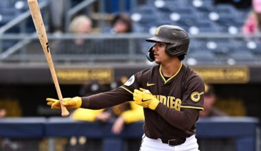 Feb 23, 2025; Phoenix, Arizona, USA; San Diego Padres catcher Ethan Salas (90) looks on against the Los Angeles Dodgers during the second inning at Camelback Ranch-Glendale. Mandatory Credit: Joe Camporeale-Imagn Images
