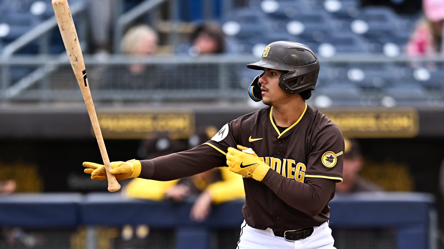 Feb 23, 2025; Phoenix, Arizona, USA; San Diego Padres catcher Ethan Salas (90) looks on against the Los Angeles Dodgers during the second inning at Camelback Ranch-Glendale. Mandatory Credit: Joe Camporeale-Imagn Images
