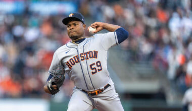 Jul 30, 2021; San Francisco, California, USA;  Houston Astros starting pitcher Framber Valdez (59) delivers a pitch during the first inning against the San Francisco Giants at Oracle Park. Mandatory Credit: Neville E. Guard-Imagn Images